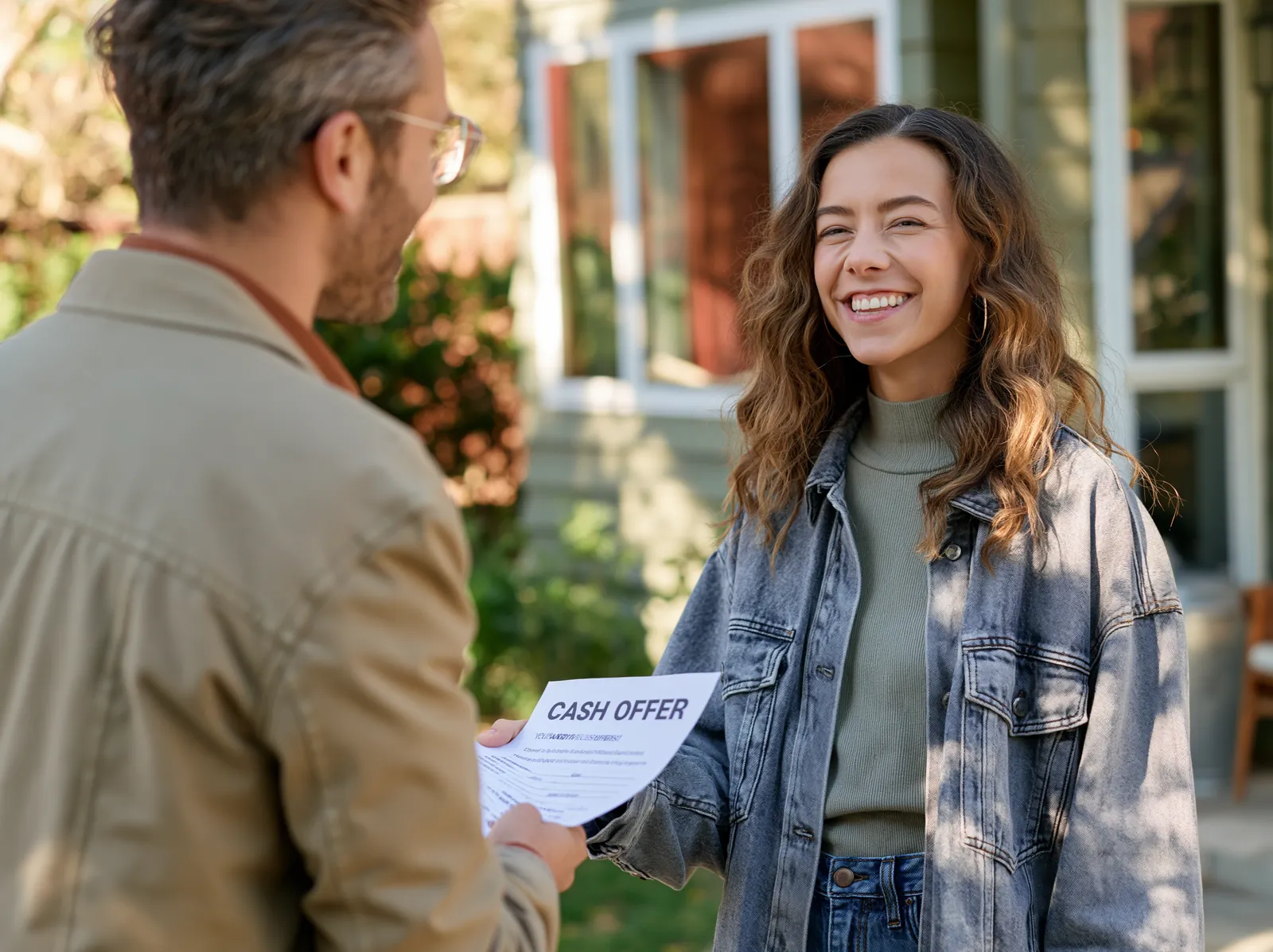 Instant cash home buyer presenting a written offer to a Fresno homeowner