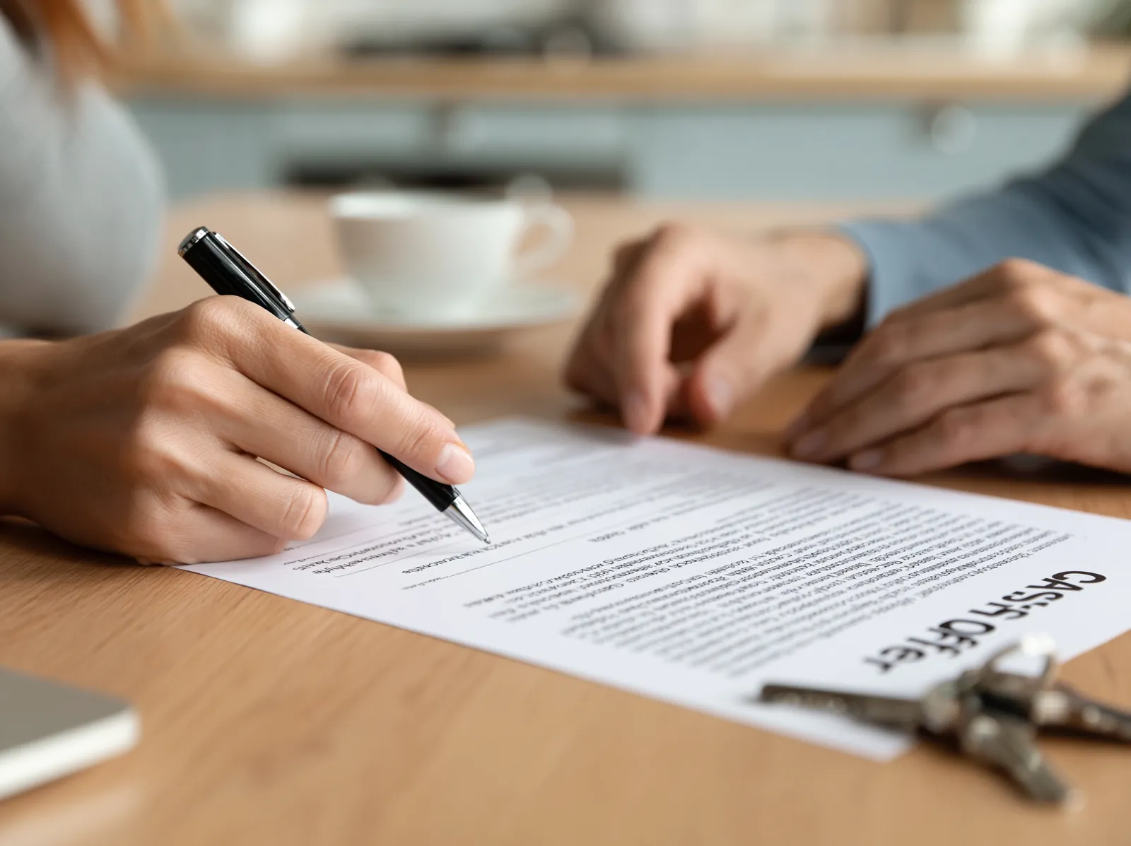 Quick cash for homes — signing a written cash offer with house keys ready