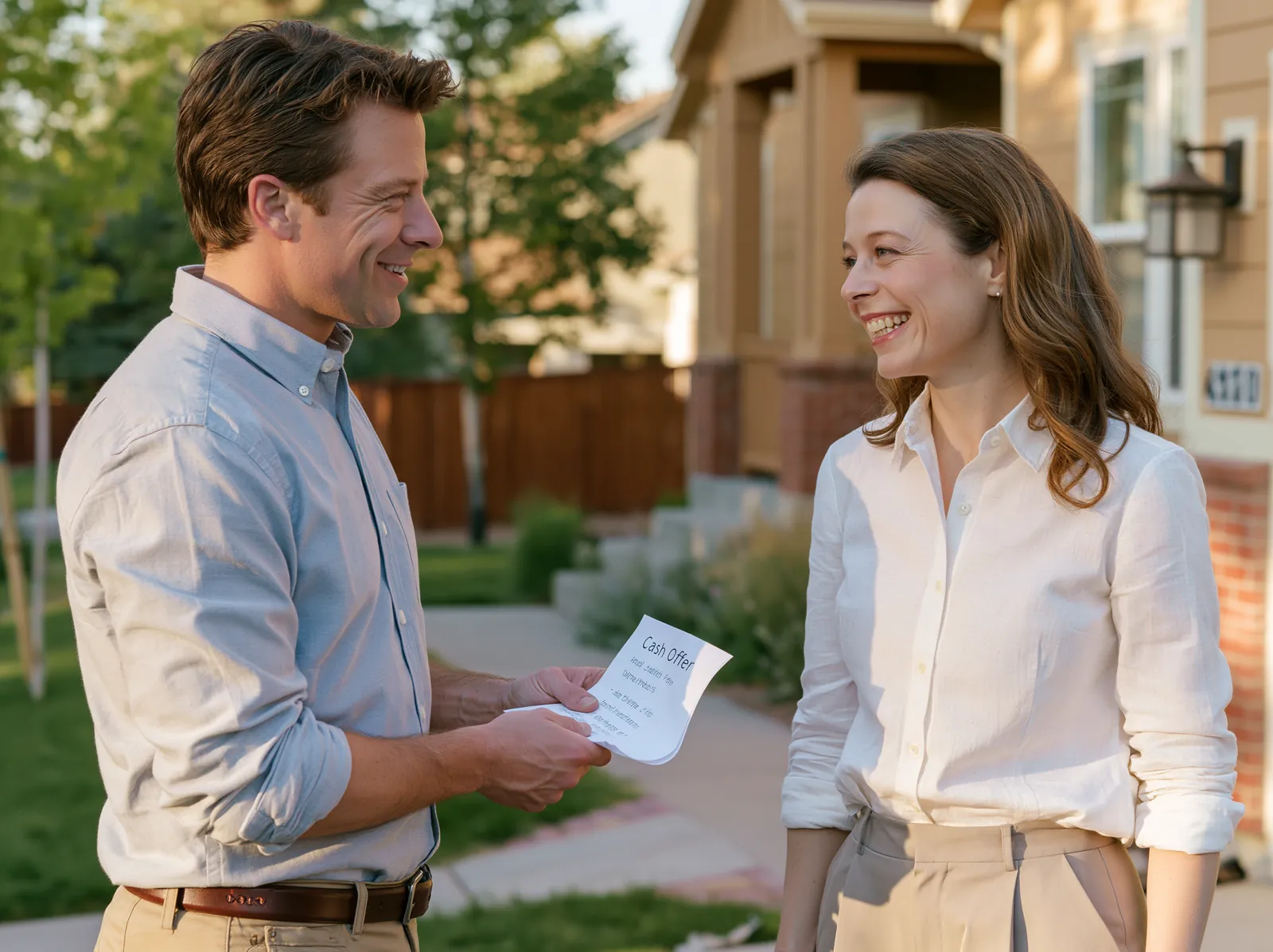 We buy houses company handing a cash offer to a Fresno homeowner