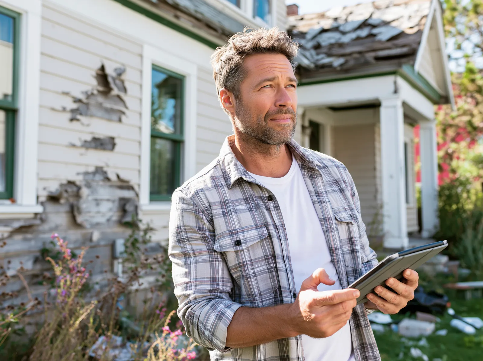 Fire damaged house buyers evaluating a home we can purchase as-is